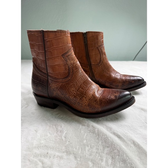 Frye Shoes - Frye Billy Side Zip Moto Short Brown Croc Embossed Leather Western Boots  6.5B